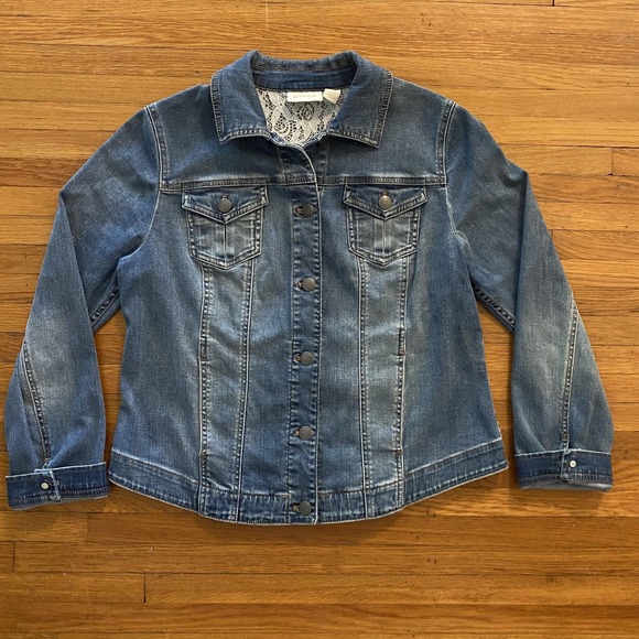 Chico's Jackets & Blazers - Chicos Jacket Womens 1 Medium Blue Denim Jean Lace Yoke Stretch Button Casual‎